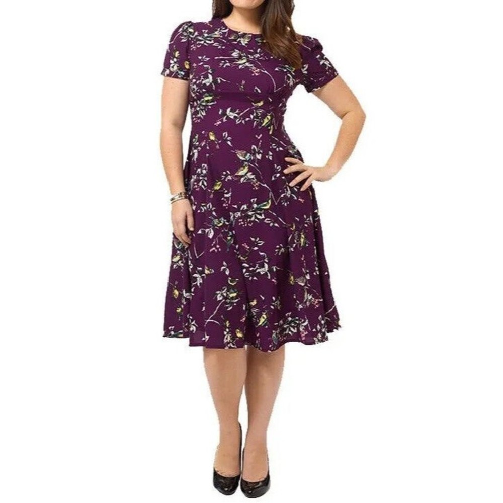 HELL BUNNY Vixen Pin Up Purple w Birds Retro 40s 50s SWING Tea Dress Womens 4X